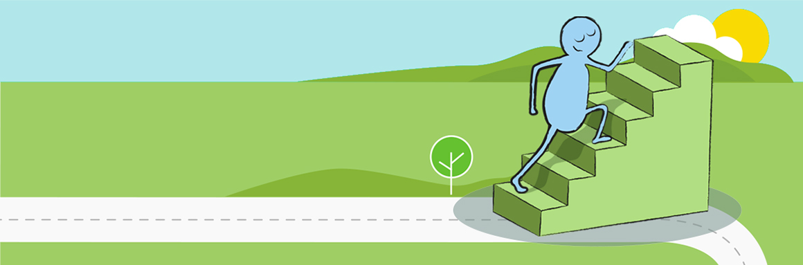 Illustration of a person climbing six steps along a road in the country side